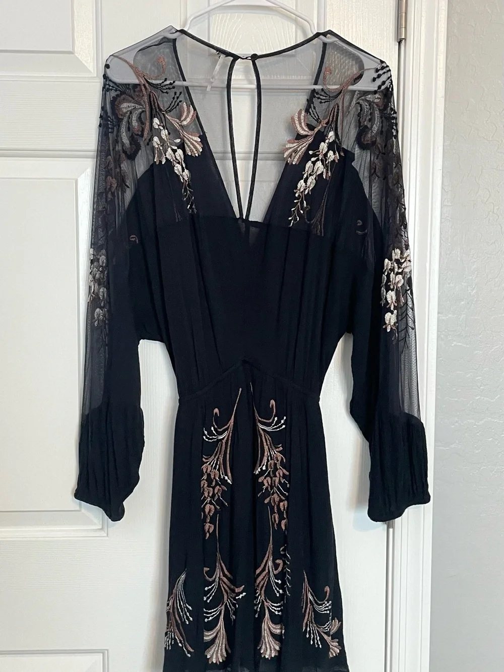 Free People Black Embroidered V-Neck Long-Sleeve Dress